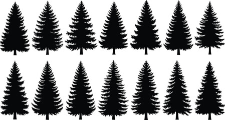 Obraz premium Evergreen tree pattern illustration, black silhouettes of pine and fir trees, symmetrical arrangement, natural forest design, outdoor nature artwork, decorative woodland icon, triangular tree shapes, 