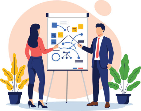Business presentation illustration, two professionals standing beside board, flowchart diagram with colored boxes, arrows and lines, project planning concept, office meeting design, corporate teamwork