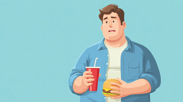 Illustrated overweight man holds a burger and soda, expressing worry against a plain blue background.
