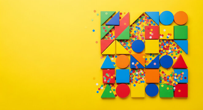 Top-down flat lay of geometric shapes and confetti arranged in structured pattern on bright saturated background, bold colors, 