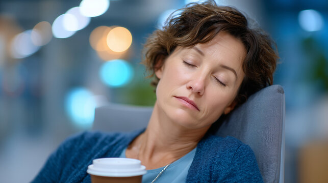 A middle-aged woman caregiver sits slumped in a hospital corridor chair, paper coffee cup cold beside her, eyes distant with exhaustion, warm overhead fluorescent glow softening he