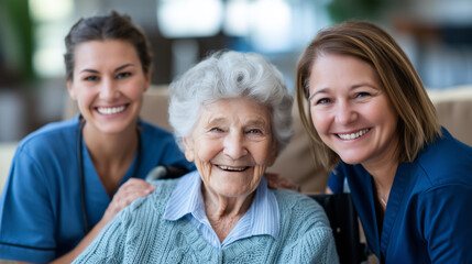 Naklejka premium A home health aide kneels beside an elderly patient's wheelchair in a sunlit living room, caregiver's shoulders visibly tense, eyes betraying exhaustion beneath her practiced smile
