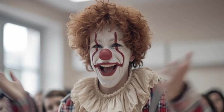 Class clown - a clown tells joke while students laugh in classroom