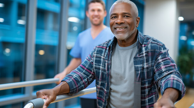 A man with multiple sclerosis grips parallel bars in a rehabilitation gym, determination etched across his face, therapist standing nearby, afternoon light flooding through tall wi