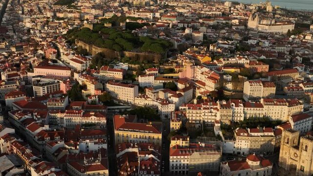 Cinematic Panoramic Aerial View of S&atilde;o Jorge Castle in Lisbon Historic Center