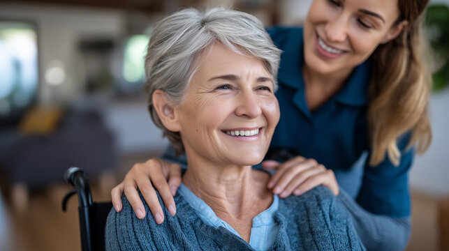 A home health aide kneels beside an elderly patient's wheelchair in a sunlit living room, caregiver's shoulders visibly tense, eyes betraying exhaustion beneath her practiced smile