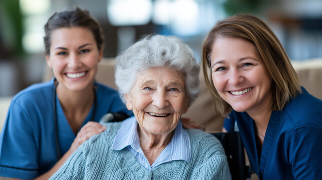 A home health aide kneels beside an elderly patient's wheelchair in a sunlit living room, caregiver's shoulders visibly tense, eyes betraying exhaustion beneath her practiced smile