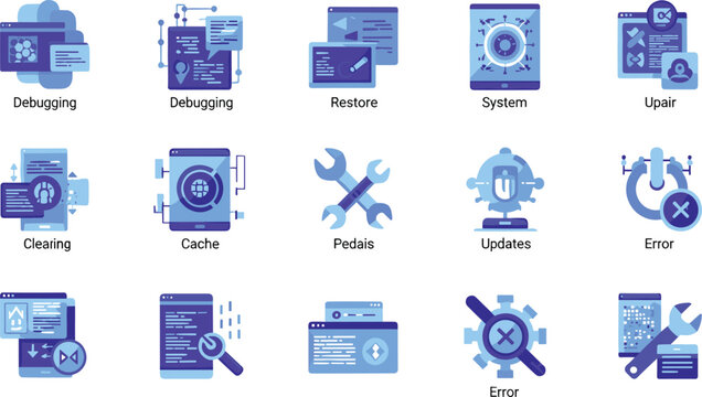 System troubleshooting icons set with debugging, restore, update, repair and error management concepts in flat style for IT support and software design