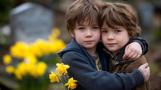 Two estranged brothers share a brief side hug at their mother's graveside on a cool spring morning, wildflowers at the headstone, neither fully embracing, grief and distance tangle
