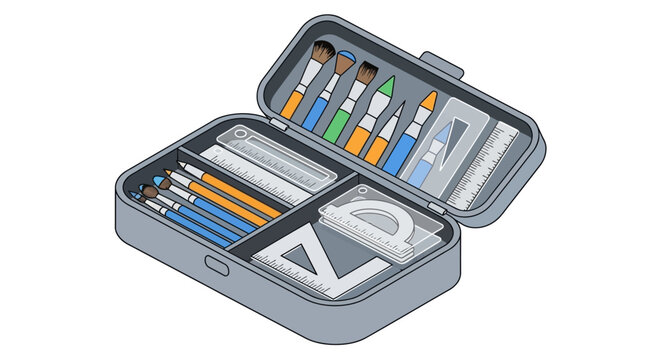 Complete Artist Supply Kit Illustration with Brushes, Pencils, Rulers, and Geometry Tools in a Portable Case Isolated on White