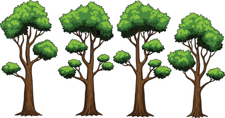 Tree collection with detailed trunks and green foliage variations in cartoon style for forest scenes, nature landscapes and environmental illustration design © AntarChandra