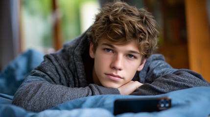 Obraz premium A teenage boy lies flat on his bed staring at the ceiling, phone face-down beside him, spring afternoon light bleeding through curtains, the stillness of anxiety given physical for