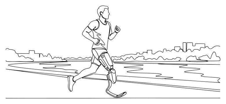 Parathlete Amputee Man Running with Leg Prosthetic in Park Continuous Line Art