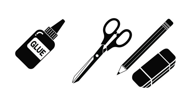 Stationery items including glue scissors pencil and eraser silhouette