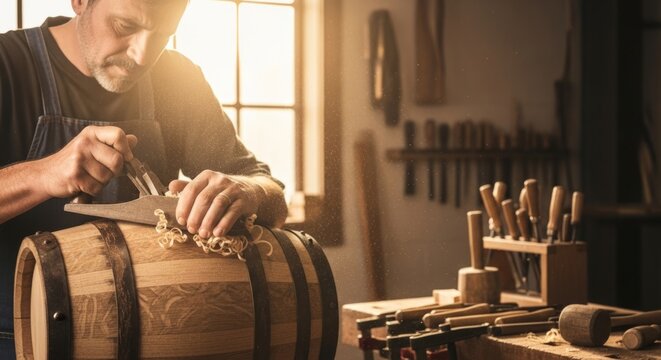 Barrel Maker Planing Wood in Sunny Workshop