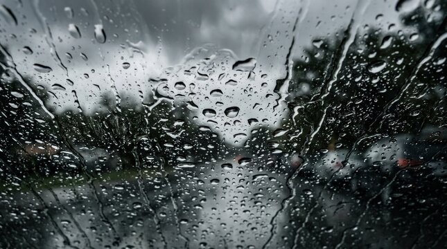Closeup macro raindrops forming abstract patterns on a windshield after a rainstorm, moody texture background, wet glass surface, atmospheric weather concept, soft reflections, soft natural light,