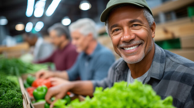 Multicultural veterans volunteering at a spring food bank, sorting produce into boxes with focused teamwork, warehouse setting bright with natural skylights, perfect for veteran co