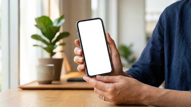 Faceless person holding a cellphone with a blank white screen in hand, mobile mockup concept for app promotion, ecommerce, communication and digital advertising themes, clean composition, natural
