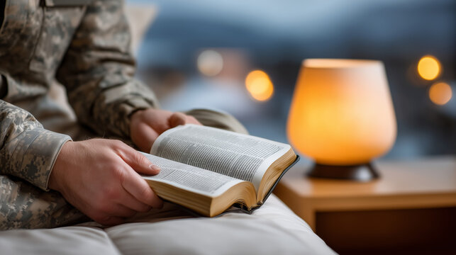 Close up of military chaplain's hands holding an open scripture beside a hospital bed, soft lamp glow in a sparse room, outside overcast and quiet, perfect for chaplain spiritual c