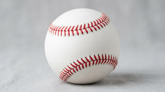 Focus on red thread pattern sewn into white baseball leather, clean commercial styling, isolated or minimal setting, realistic texture, balanced composition, soft studio light, crisp focus, premium
