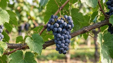 Fototapeta premium Fresh concord grapes on vine in close-up view, commercial stock image with premium visual appeal, clean marketable composition, refined details, soft natural lighting, realistic textures, balanced