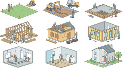 Fototapeta premium Isometric vector illustration set showing house construction stages from site planning to finished home