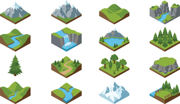Isometric vector illustration set of nature landscapes including mountains, rivers, and forests for game design