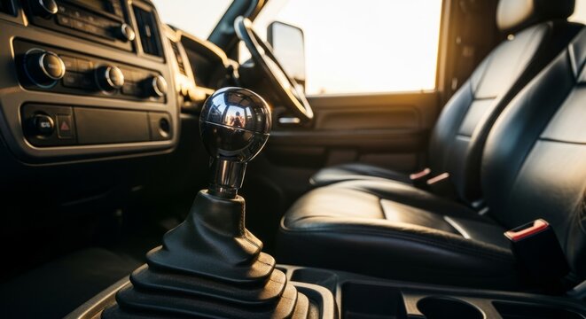 Gear Shift Knob in Rugged Truck Cabin, Golden Hour Light