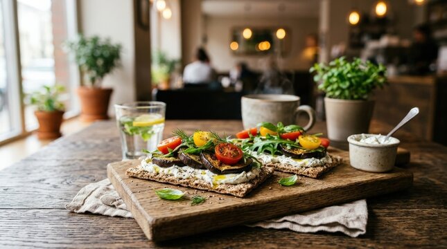 Healthy crispbread sandwiches with garlic cream cheese, roasted eggplant, arugula and cherry tomatoes on rustic wood, wholesome snack concept for cafe menus, clean eating and food styling, natural