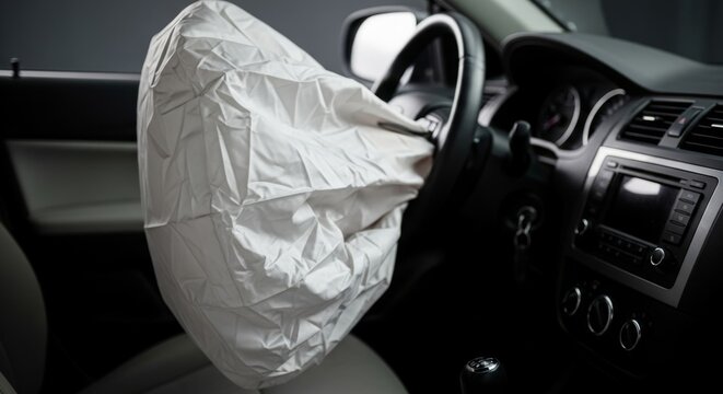 Deployed Airbag in Car Interior During Crash Test