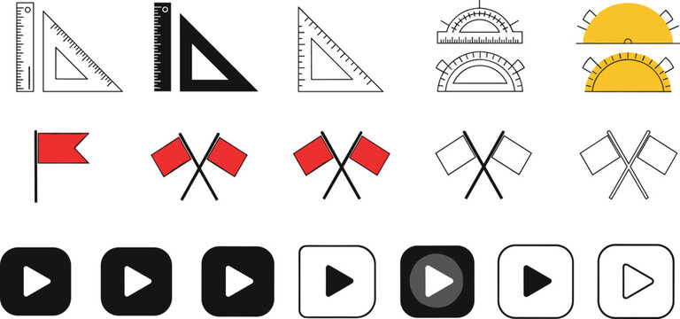 UI and utility icons set with rulers, protractors, flags and play buttons in minimal flat and outline style