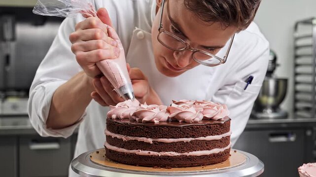 Skilled Pastry Chef Decorates Chocolate Cake with Pink Frosting Using Piping Bag.