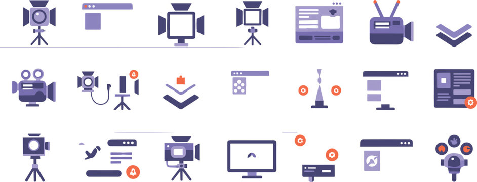 Video production and streaming icons set with camera, tripod, recording equipment and media interface elements in flat style