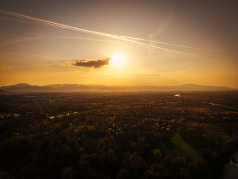 Aerial view of amazing sunset over Zumberak mountains above the town of Samobor, Croatia, photographed from Oresje lake
