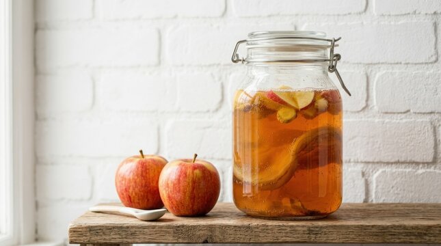 White brick backdrop with glass jar of fermented kombucha and fresh apples vertical format, clean commercial background, appetizing food presentation, soft natural light, realistic detail, balanced