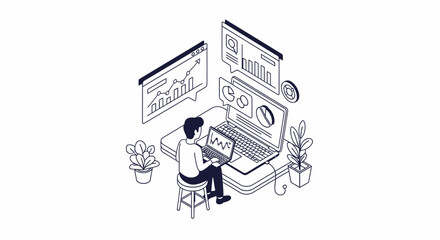 Fototapeta premium Isometric Businessman Working on Laptop with Data Dashboard and Analytics Charts - Modern Minimalist Line Art Illustration for Financial Planning and Business Growth