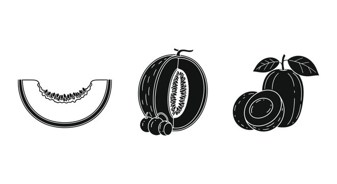 Black and white illustrations of melons and apples in silhouette