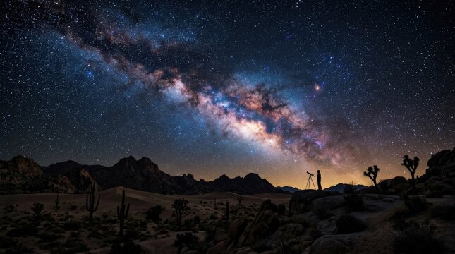 Vivid space background with the Milky Way and stars over a desert landscape, dramatic night sky concept for astronomy, travel and nature themes, glowing galactic band, dark terrain silhouette and
