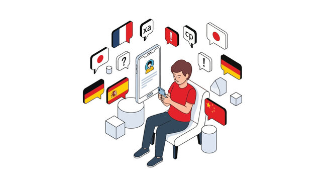 Isometric Illustration of a Man Using a Language Learning App on a Smartphone Surrounded by Global Flags and Speech Bubbles