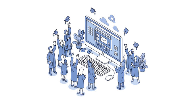 Isometric Online Graduation and Virtual E-Learning Concept with Students in Academic Gowns Celebrating Success via Computer