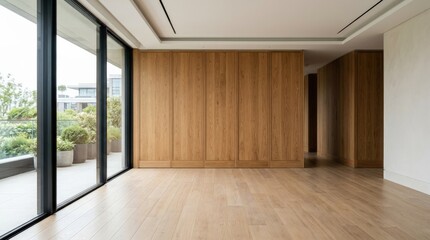 Fototapeta premium Modern empty room with wood panels and natural lighting, stylish interior background for architecture, real estate and product display concepts, clean lines, balanced composition, realistic materials,