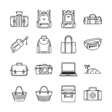 Collection of travel and adventure gear icons for adventure planning