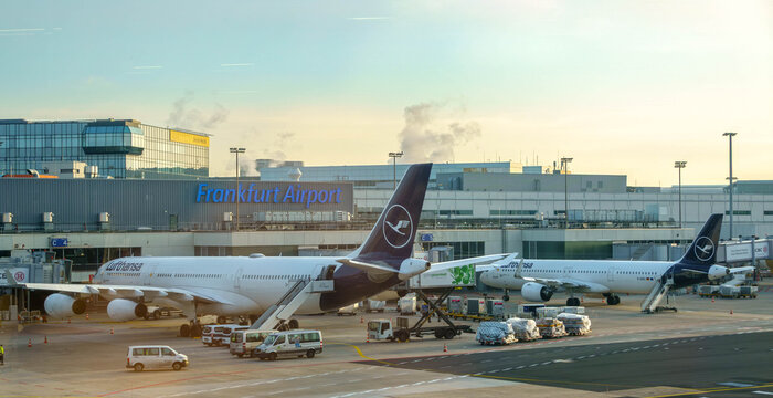 Germany, Frankfurt - March-06-2026, A Lufthansa plane is parked at Frankfurt International Airport.