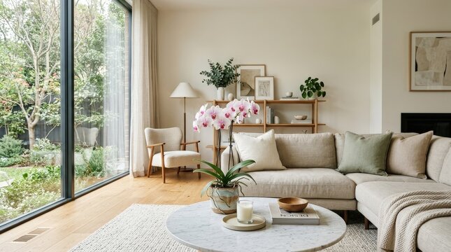 Serene living room with orchid and natural light, elegant interior scene for home decor, wellness and real estate branding, soft textures, balanced composition, refined materials, crisp focus, premium