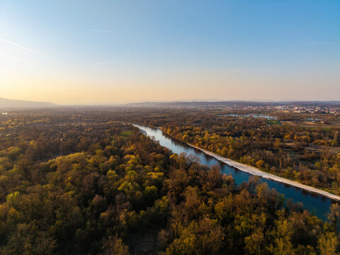 Aerial view of Sava river sandbank surrounded by the densly covered forest area near the town of Zapresic, Croatia