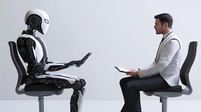 A robot and a businessman sitting in chairs having a discussion in a modern office setting.