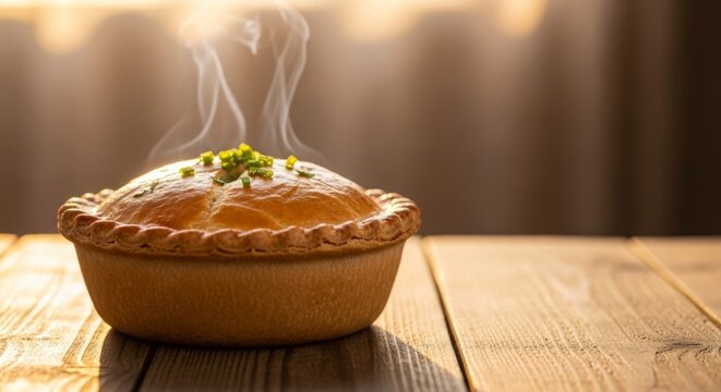 Hot Meat Pie with Herbs on Rustic Table