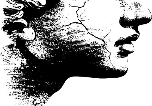 Cracked angel bust profile high contrast black and white ink illustration of aged statue for background and poster design