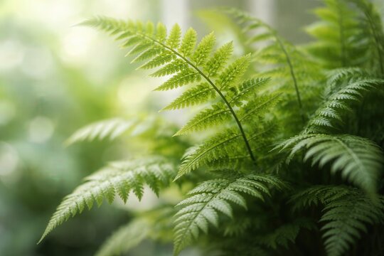 The sun shining through trees in a dark autumn forest with fern plants