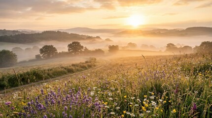 Naklejka premium Golden sunrise over a misty landscape with wildflowers, serene nature concept for travel, wellness and seasonal branding, warm light across soft fog and delicate blooms creates an uplifting scenic